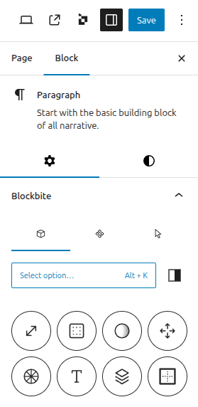Blockbite Controls in Sidebar