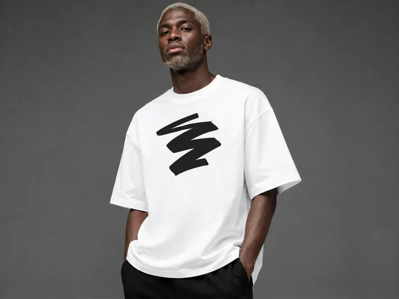 Model wearing the Shifft white graphic tee